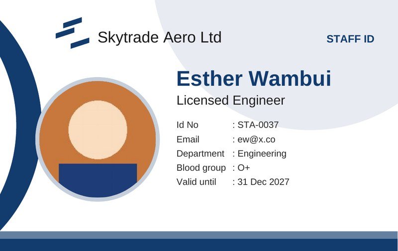 Staff ID card generated by SkyTrade Operator