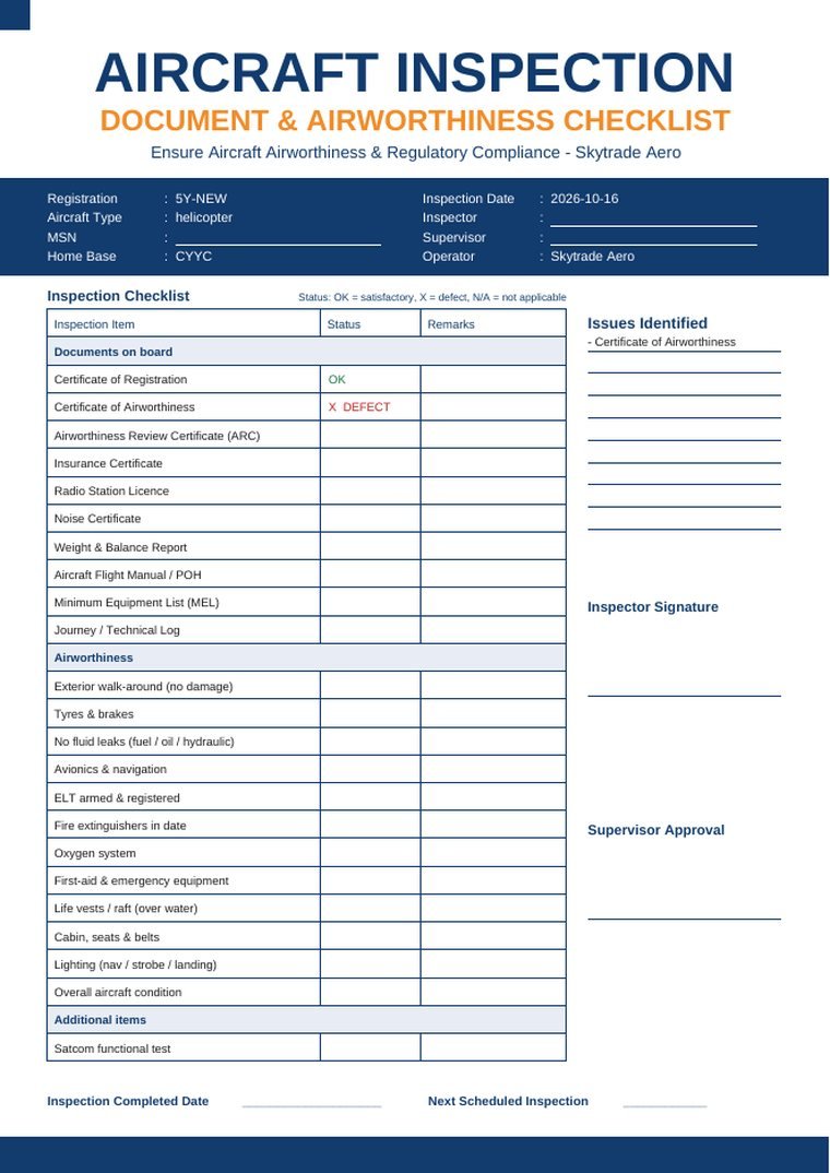 Inspection checklist & maintenance forms generated by SkyTrade Operator