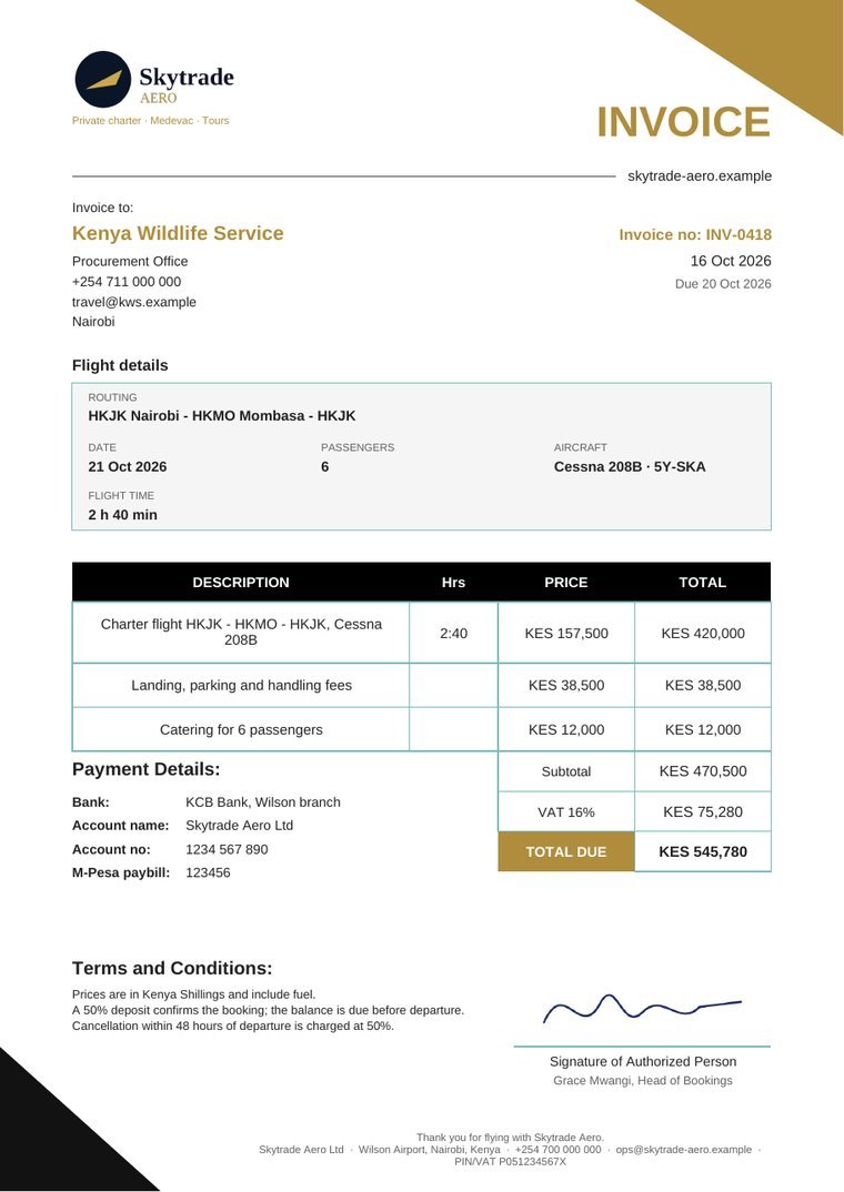 An invoice made by SkyTrade Operator
