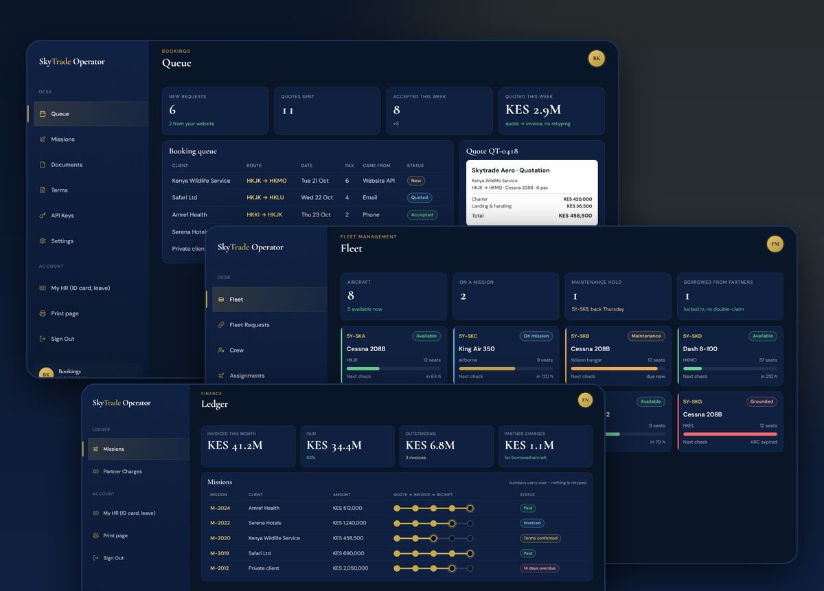 Bookings, Fleet and Finance screens from SkyTrade Operator
