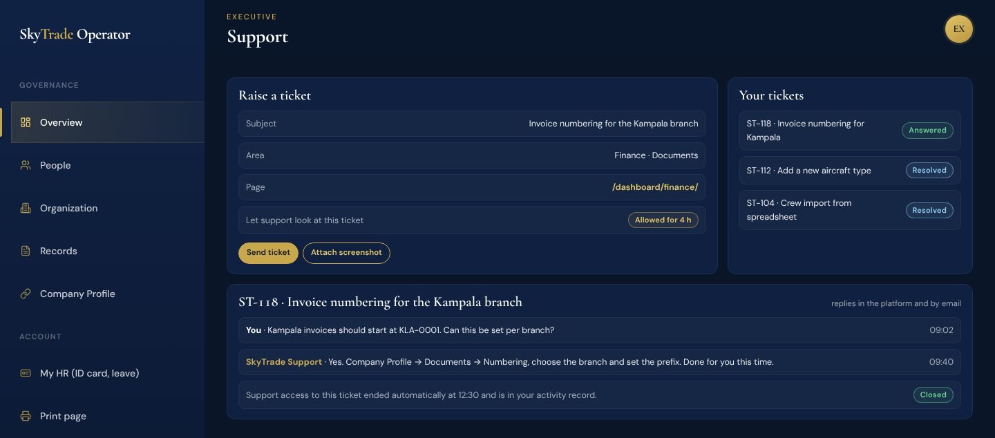 Support in the platform: raising a ticket, your ticket list and a ticket conversation